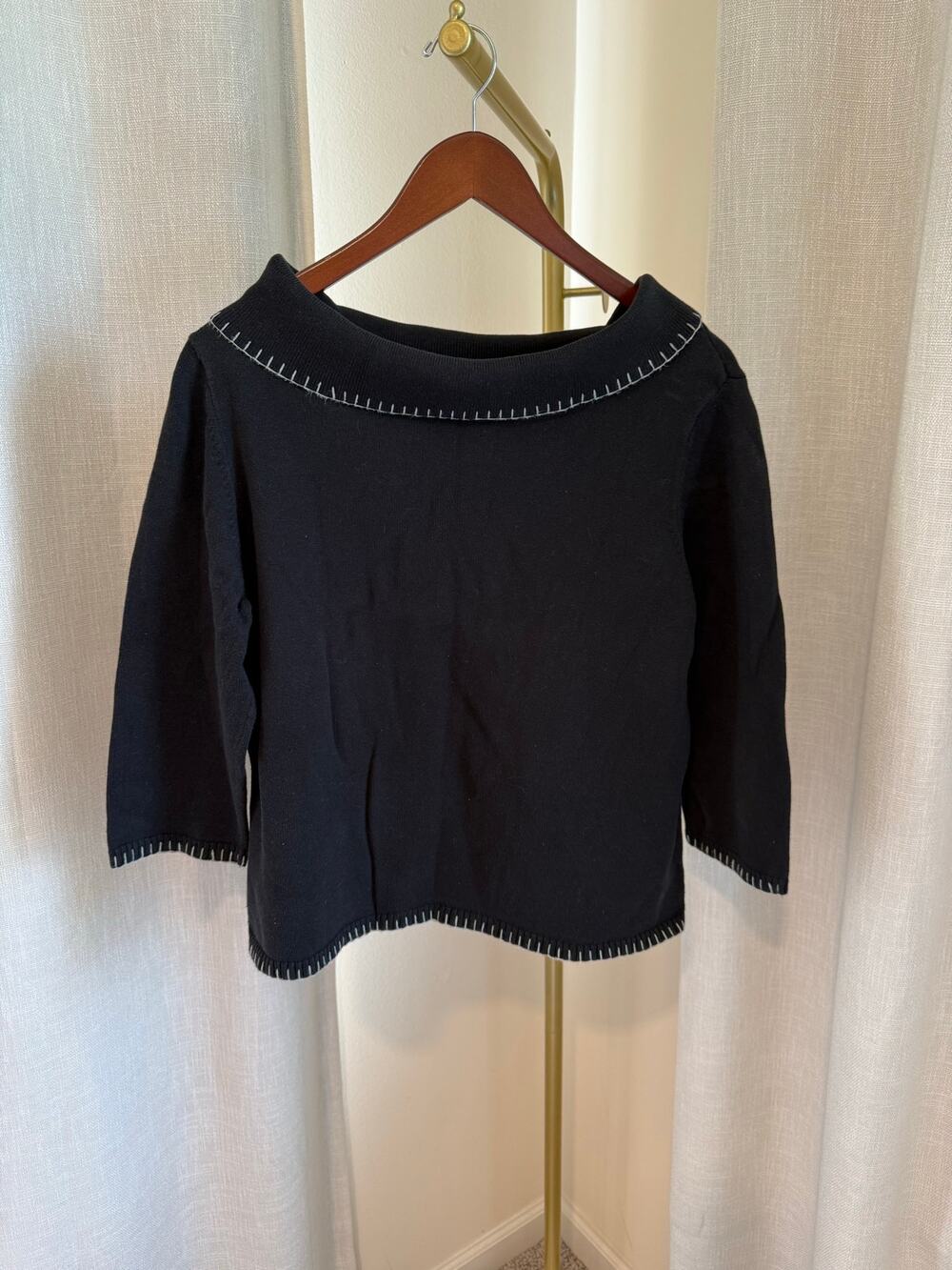 Vintage Rafaella Sweater Size XL Black Cotton 3/4-Sleeves Boatneck Retro Preppy